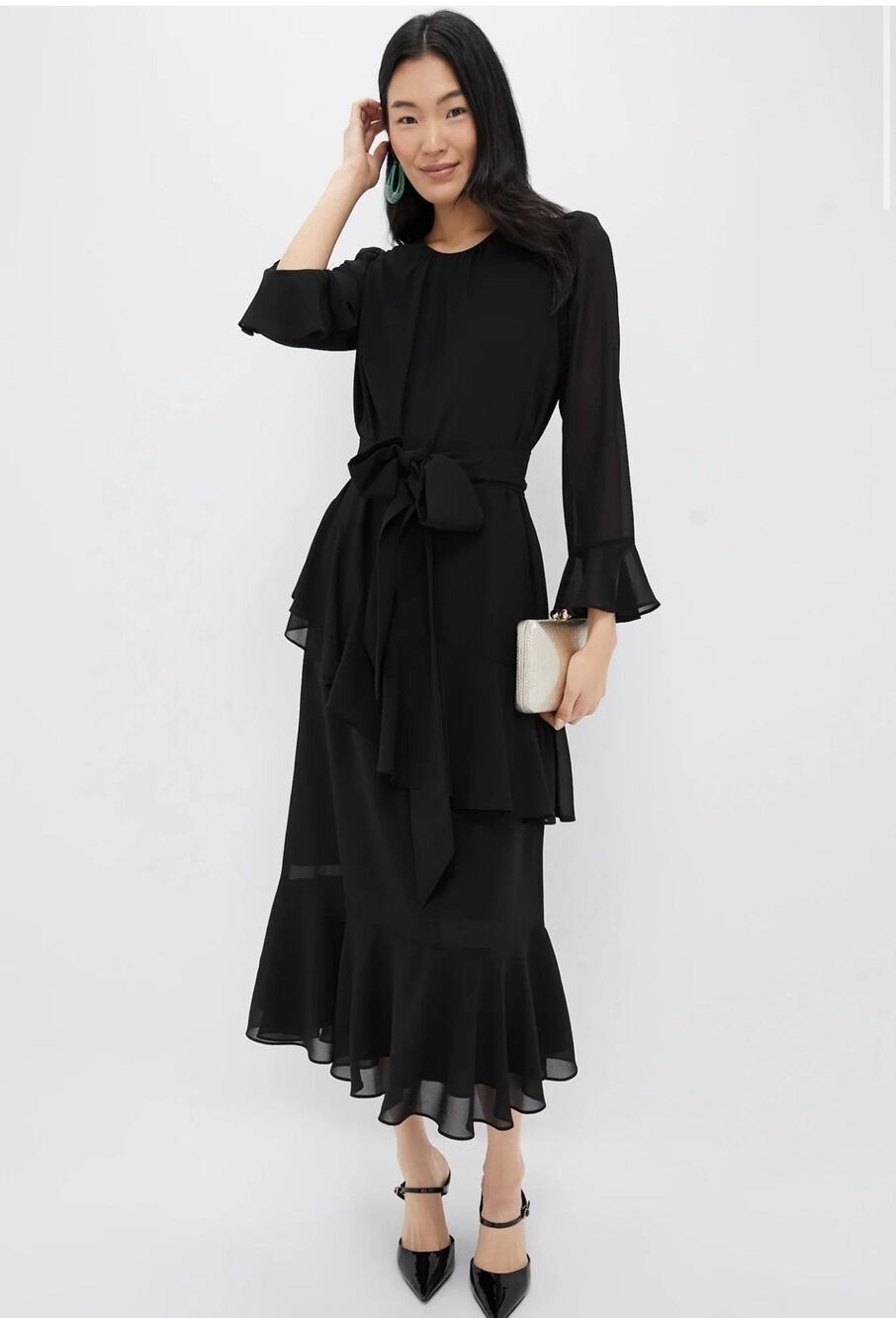 NWT Tuckernuck Sasha Black Ruffle Midi Dress Long Sleeve XXS